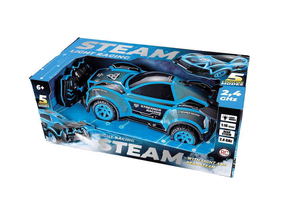 RC Steam 2WD Car, - BLUE, 1:16, Steaming & light